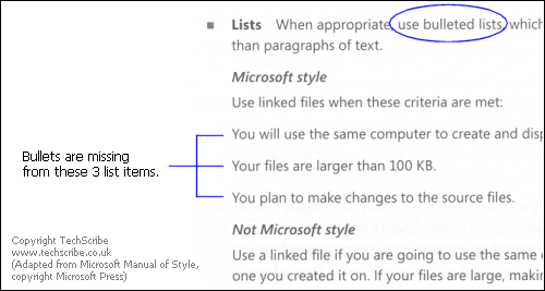 Bullets are missing A bullet is missing from each list item.