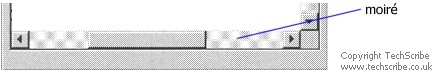 An example of moiré on a scrollbar shows a chequered pattern of white and grey squares. The squares blend together. Each square is approximately 10×10 pixels. Moiré on a scrollbar
